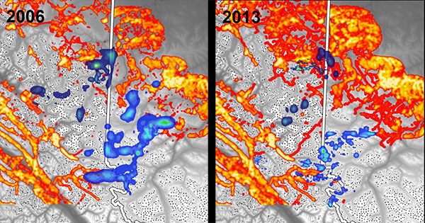 Shift in disturbance (red) and fall caribou home range (blue) for the Redrock-Prairie Creek and Narraway herds.