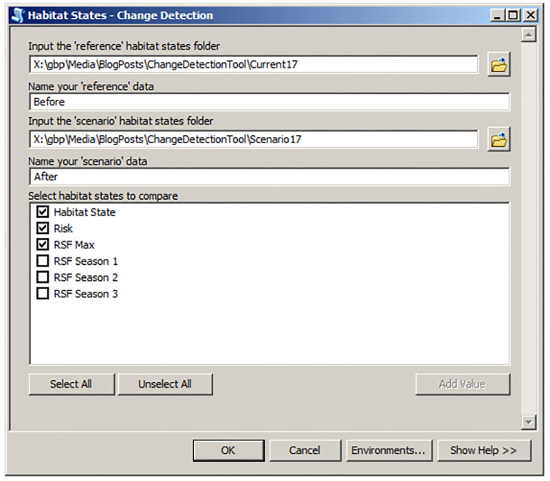 Screenshot of the Habitat States - Change Detection tool