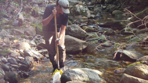 A woman fishing in a stream