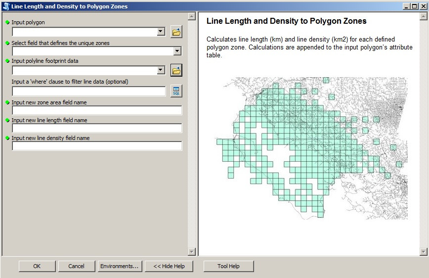 Screenshot of the "line length and density to polygon zones" tool