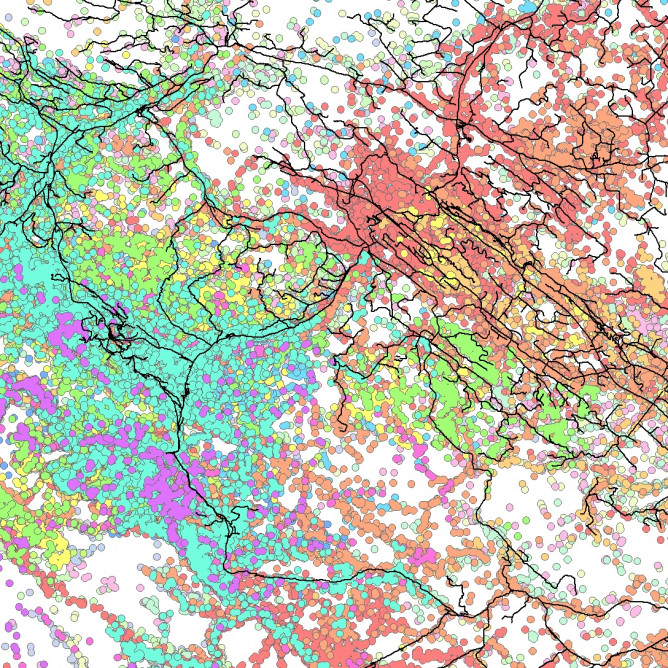 Sample map containing buffered points and roads.