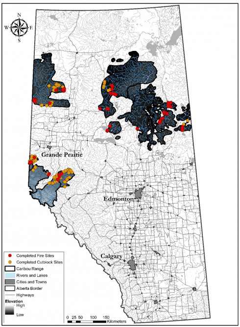 Map of Alberta showing where vegetation data was collected in 2021.