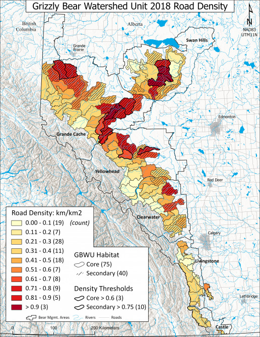 Map of road densities in grizzly bear watershed units, in the year 2000.