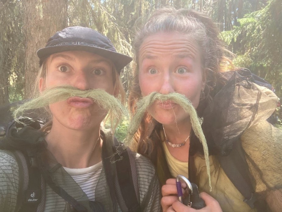 two field techs with arboreal lichen moustaches