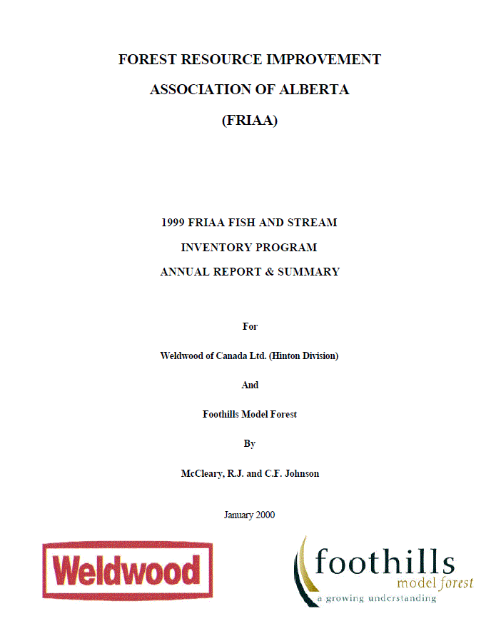 1999 FRIAA Fish and Stream Inventory Program annual report and summary ...