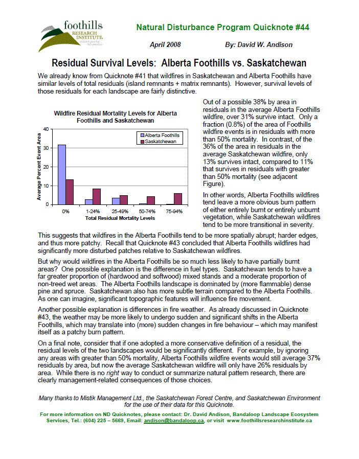 Healthy Landscapes Program QuickNote #44: Residual Survival Levels--Alberta Foothills vs. Saskatchewan