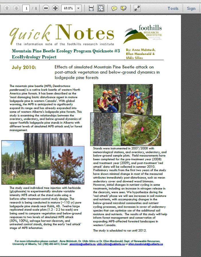Mountain Pine Beetle Ecology Program QuickNote #3: Effects of Simulated Mountain Pine Beetle Attack on Post-attack Vegetation and Below-Ground Dynamics in Lodgepole Pine Forests