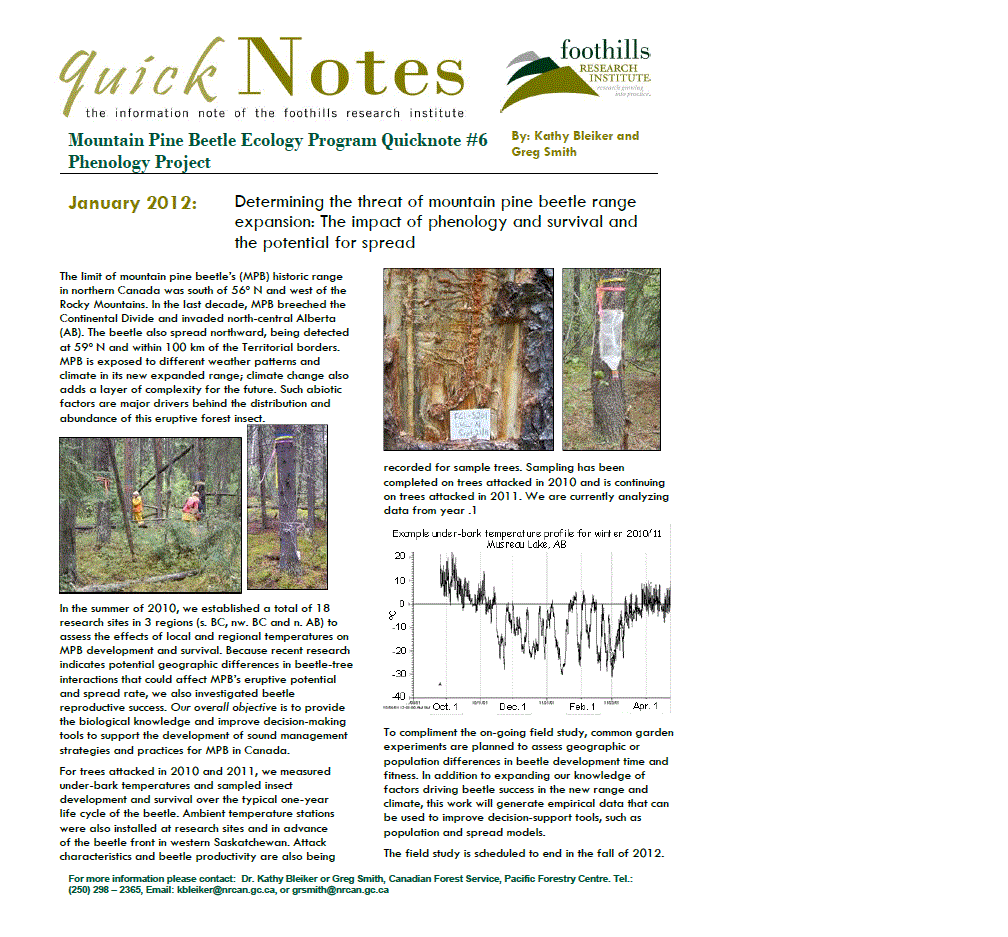 Mountain Pine Beetle Ecology Program QuickNote #6: Determining the Threat of Mountain Pine Beetle Range Expansion: The Impact of Phenology and Survival and the Potential for Spread