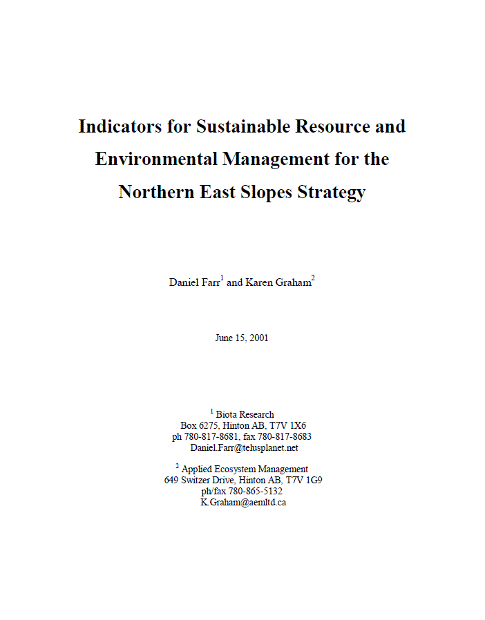 Indicators for sustainable resource and environmental management for the Northern East Slopes strategy