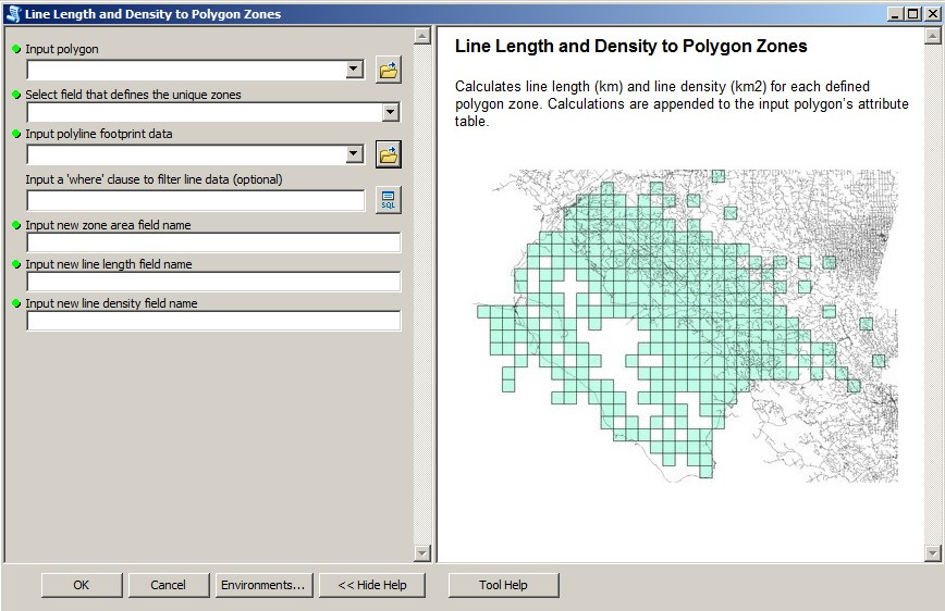Screenshot of the "line length and density to polygon zones" tool Screenshot of the "line length and density to polygon zones" tool