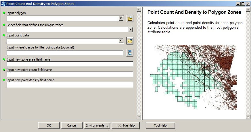 Screenshot of the "lpoint count and density to polygon zone" tool Screenshot of the "lpoint count and density to polygon zone" tool