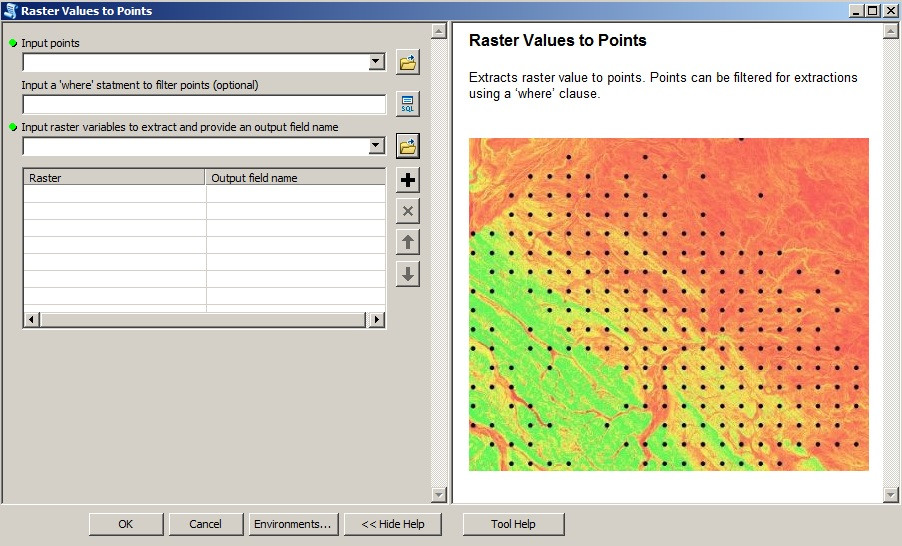 Screenshot of the "Raster_Values_To_Points" tool Screenshot of the "Raster_Values_To_Points" tool