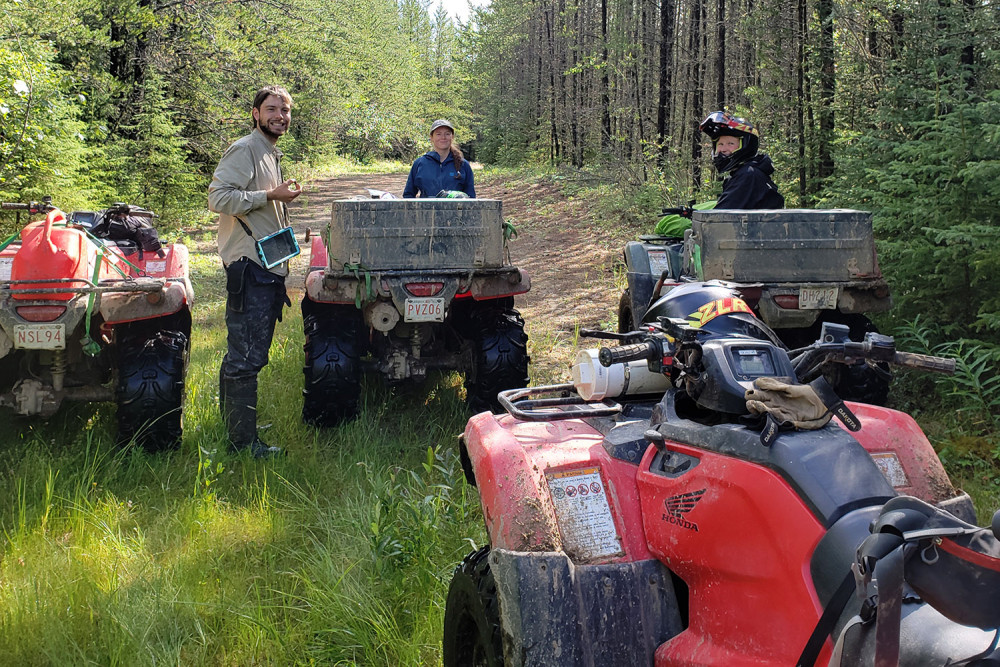 3 smiling field techs standing near 4 ATVS on an grass and dirt road in a lodgepole pine dominated forest
