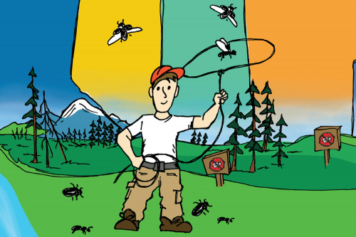 Cartoon scene of western Canada, MPB, and a round up.