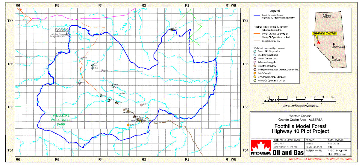 Map of Highway 40 Pilot Project area showing the pilot project boundary, pipelines and wells.