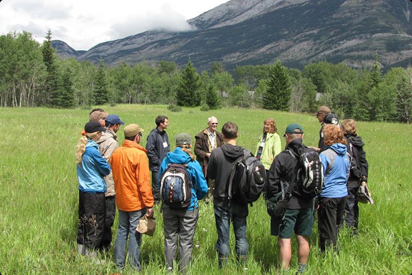 group of people stand in a circle in a meadow with trees and mountains in the background