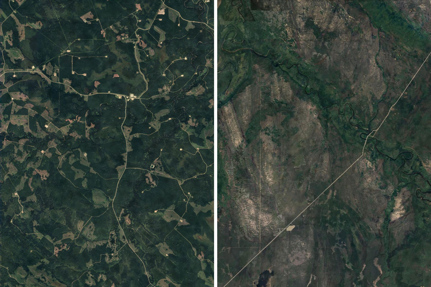 left, many small footprints created by harvestting; right single large disturbance footprint from a wildfire