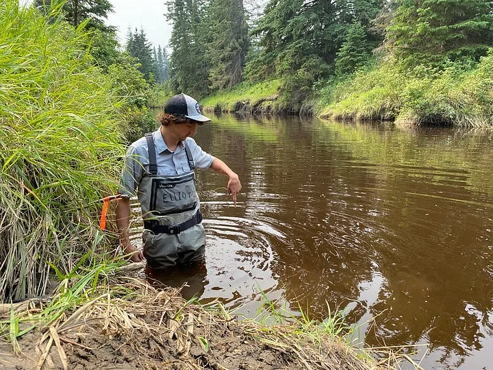 Staff take pictures pointing at the logger in-stream, to make logger retrieval easier. Credit: Alberta Native Trout Collaboration