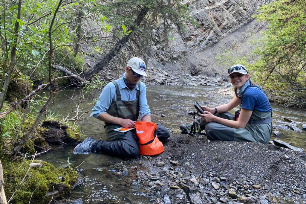 two scientists sit on a stream bank recording data on data sheets and tablets.