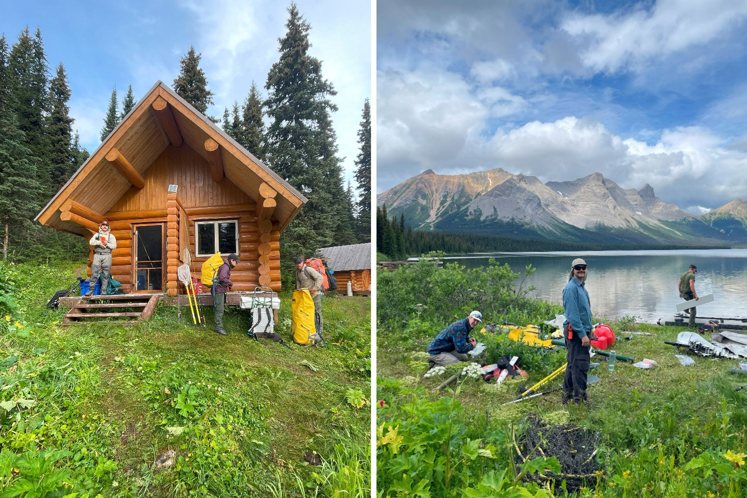 Left: Sam, Heather and Cody pack up gear at the Kakwa cabin before our hike into Babette Lake. Fun fact just the metal frame pack weighed 65lb, photo: Claire. Right: First day in the field at Kakwa Lake. Sam and Parker organize field gear and set up fishing rods while Cody assembles our zodiac, photo: Claire Allore.