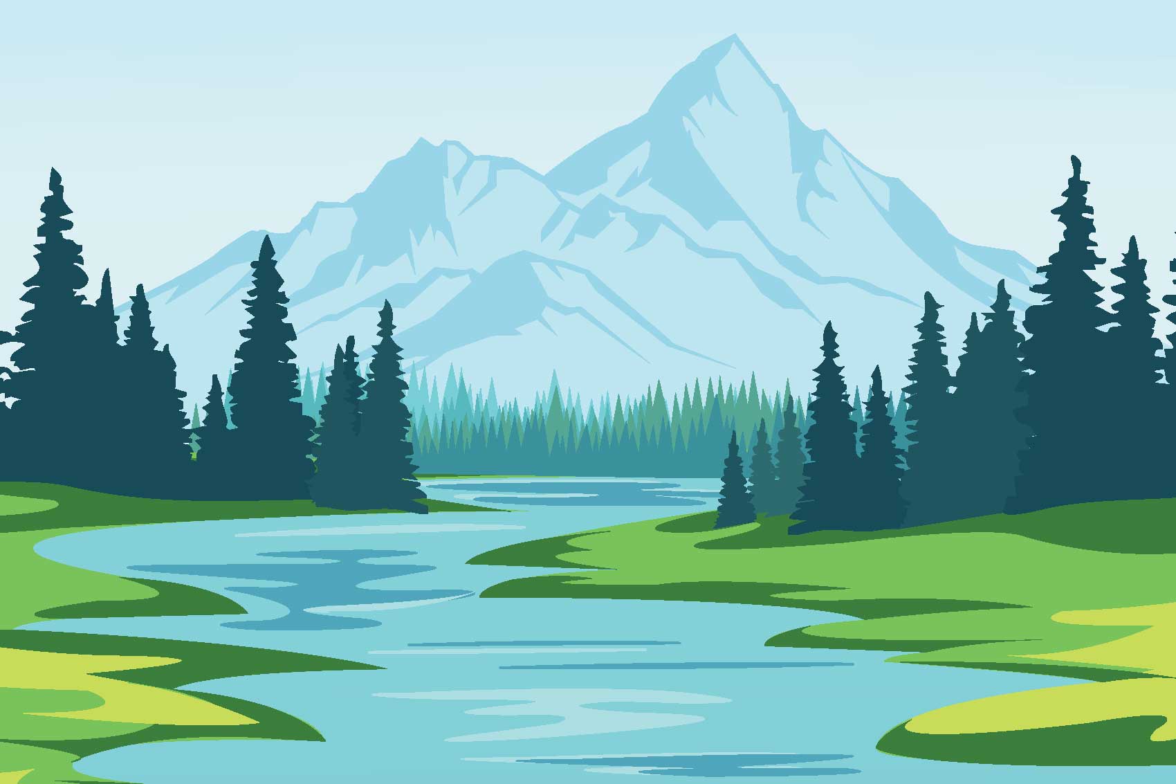 a river through conifer forest with a mountain in the background